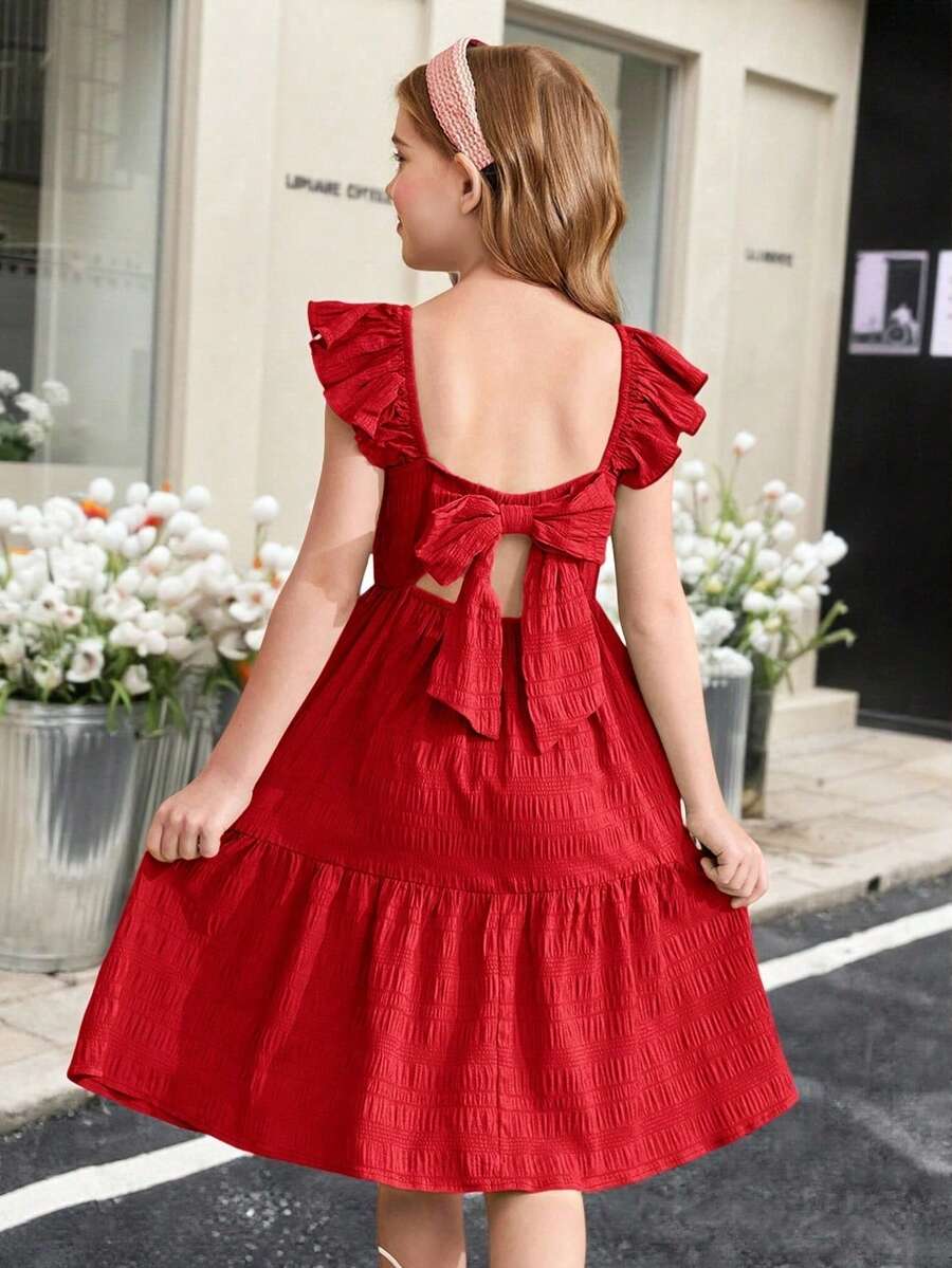 SHEIN Tween Girls' Ruffled Sleeve Open Back Bow Decor Square Neck Textured Dress,Kids - Red - View 1