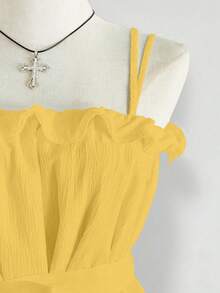 Lalippa Summer Sweet Ruffled Hem Solid Color Camisole, Tie Waist, Suitable For Vacation Wear - Yellow - View 5