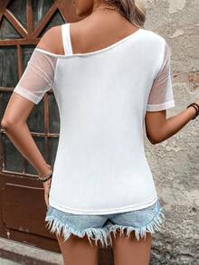 Balvessa Women's 2026 Spring/Summer New Casual Vacation Mesh Splice Asymmetrical Shoulder Short Sleeve T-Shirt - White - View 2