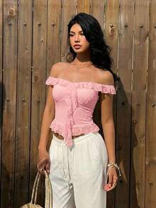 Aloruh Women's Solid Color Off Shoulder Fitted Ruffle Lace Blouse, Summer Vacation Light Pink Cute - Baby Pink - View 4