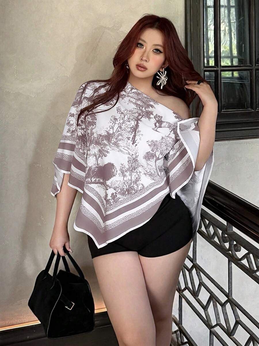 Vibekara Plus Size Women's White Summer Elegant Tea Party Printed Asymmetric Collar Batwing Sleeve Blouse,Retro Sunset Holiday Loose Fashion Hem Top,Casual - Khaki - View 1