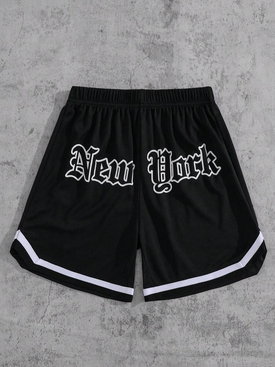SHEIN 儿童/青少年男童休闲百搭舒适字母印花宽松针织短裤，适合通勤、上学、日常休闲、度假、运动，春夏秋冬四季皆宜，也适合返校季穿着。 - 黑色 - 查看 1