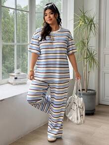 SHEIN EZwear 两件套加大码女式条纹撞色短袖圆领T恤和休闲裤套装 - 彩色 - 查看 1