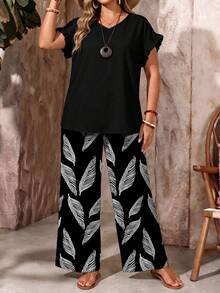 EMERY ROSE Plus Size Women Solid Color Short Sleeve Top And Botanical Print Wide Leg Pants Casual Alternative 2 Pieces Set Summer Outfit Vacation Black And White - Multicolor - View 4