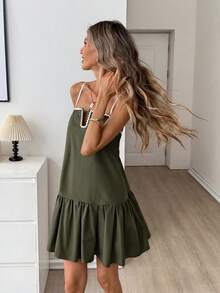 Easowa Color Block Square Neck Ruffle Hem A-Line Dress, Casual Loose Elegant Commuter Vintage Style Mini Dress For Women, Spring/Summer - Green - View 4