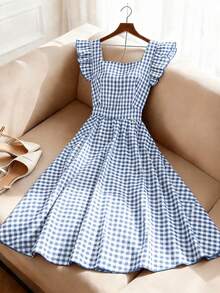 GlowEve Damen Midi-Kleid mit Glockenärmeln, rotem und weißem Karomuster, Schleife am Rücken und taillierter Passform, charmant und elegant für den Alltag, Urlaub, Picknick, Pendeln, Date, im retro französischen Street-Style, Frühling/Sommer - Verschiedenfarbig - Übersicht 5