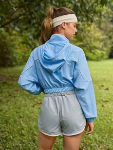SHEIN Sports Women's High Collar Long Sleeve Short Casual Zip-Up Outdoor Jacket - Blue - View 2