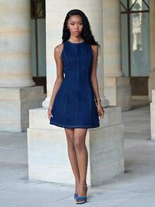 Mima John Women's Casual Sleeveless Round Neck Backless Tie-Up Denim Dress - Dark Wash - View 6