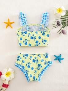 SHEIN Young Girl Cute Colorblock Floral & Plaid Print Bikini Set - Multicolor - View 3