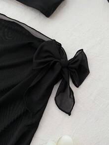 SHEIN 少女印花舒适休闲比基尼套装，黑白拼接 - 黑與白 - 查看 4