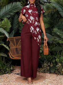 SHEIN Lady 女款立領短袖不對稱下擺休閒夏季兩件套 - 酒紅色 - 查看 8