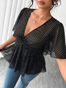 Elenzga Áo kiểu nữ cỡ lớn thanh lịch màu đen chấm bi hoa văn bằng vải chiffon, vạt xoắn, đa năng, thích hợp mặc đi làm, áo chiffon mùa xuân/hè, áo màu xanh lá cây, phù hợp cho lễ tốt nghiệp, Ngày Valentine, lễ hội âm nhạc, Ngày của Mẹ, Halloween, Lễ Tạ ơn, Lễ Phục sinh, Ngày Quốc khánh, dạ hội, tiệc hẹn hò, mùa cưới, các chuyến đi dã ngoại. - màu đen - Xem 3