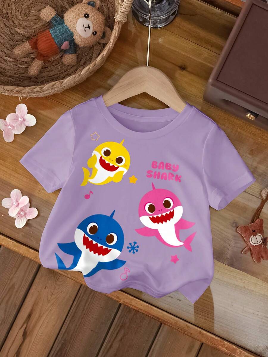 BABY SHARK X SHEIN Baby Girl Letter & Cartoon Print Round Neck Short Sleeve Top, Summer - White - View 1