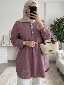 Solavon Camisa larga informal de talla grande para mujer, de unicolor, con mangas largas, hombros caídos y botones de media solapa, para el otoño - Púrpura polvoriento - Ver 4