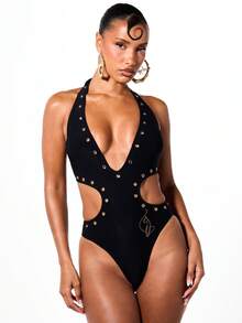 BABYPHAT Plunge Neck Cut Out One Piece Swimsuit With Gold Eyelet Detail And Halter Tie Back - Black - View 5