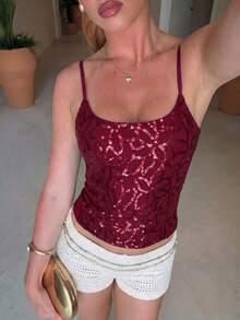 Aloruh Damen neue Spitze & Pailletten Splice sexy Cami Top, Alltagskleidung - Bordeaux - Übersicht 4