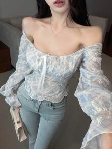 Joudiya Light Blue And White,Summer,Elegant,Dates,Butterfly Embroidery All-Over Print Textured Lace Blouse,Off-Shoulder Crop Top With Front Tie Closure,Shirt - Blue - View 2