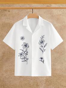 HIMLAND Men's Casual Vacation White And Blue Floral Cuban Camp Collar Shirt,Summer Short Sleeve Button Down,Line Art Minimalist Botanical Print,Relaxed Fit - White - View 2