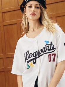 HARRY POTTER X SHEIN Women's Letter Pattern Short Sleeve Shirt, - White - View 7