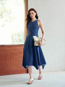 MOTF PREMIUM Đầm denim dáng chữ A, gấu bất đối xứng, chất liệu denim, dành cho nữ, thích hợp cho mùa xuân/hè. - Màu xanh lam - Xem 1