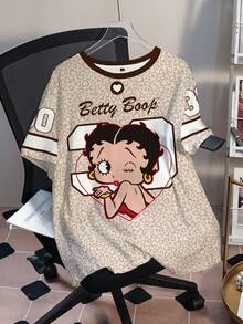 Betty Boop x SHEIN Plus Size Colorblock Trim Cute Print Short Sleeve T-Shirt Date Night Brunch Beige Summer Casual Alternative - White - View 3
