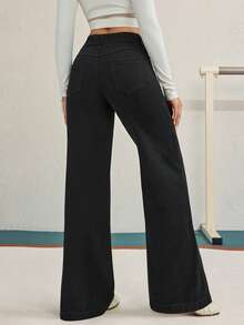 SHEIN Tall Women's Casual Everyday Commute Minimalist Versatile Solid Color Elastic Waist Loose Straight Leg Jeans - Black - View 7