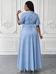 Maweii Plus Size Women Striped Print Button Front Casual Short Sleeve Shirt Dress - Blue and White - View 2