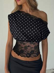 SHEIN x Luisa Sonza SHEIN SXY 黑色優雅蕾絲拼接不對稱領上衣 - 黑與白 - 查看 6