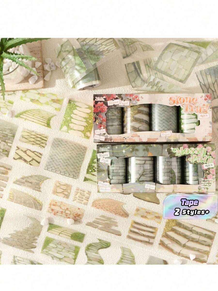 4卷古道图案模切胶带,十字边框PET风景日记胶带,装饰剪贴簿胶带 - 套裝 - 查看 1