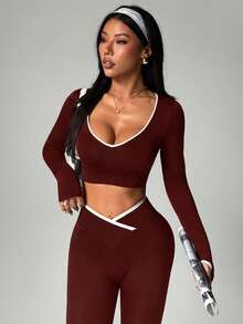 Dewbera Dewbera 2pcs/Set Women Seamless Contrast Color Sports Set - Burgundy - View 6
