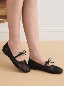 Eladyva Bow-Tie Square Toe Women's Flat, Knitted,Ballet, Low Vamp Ladies' Slip-On, Versatile, Bohemian, Black, White, Beige,Slouchy ,Elegant, Floral - Black - View 2