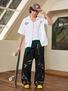 Whitmere 1pc American Street Fashion Patchwork Embroidered Loose Wide-Leg Jeans, Comfortable High Street Versatile Casual Denim Pants For Men (Belt And Accessories Not Included) - Black - View 3