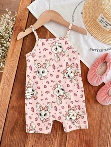 [RANDOM 4 PCS SEND 1 PC] Baby Girls Pink Summer Cute Family Matching Retro Leopard Bow Cartoon Rabbit Graphic Suspender Romper,Korean Style Outfit - Multicolor - View 8