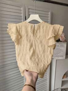 Kids/Teen Girls Textured Peach Blouse,Summer Elegant Round Neck Ruched Ruffled Trim Flutter Sleeves,Party Casual French Style,Back To School Outing - Apricot - View 2