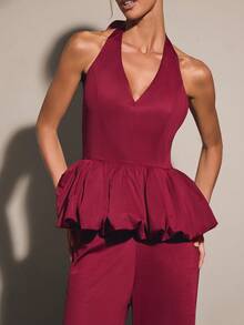 COSMINA Women's Solid Color Ruffle Hem Halter Top And Pants Fashion Set Bar Party Night Burgundy Summer Elegant - Red - View 4