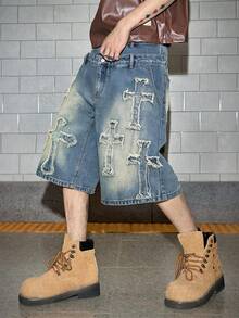 ROMWE MEN Street Life Quần short denim nam hai lớp cạp chun rách có miếng vá hình chữ thập. - Màu xanh lam - Xem 1