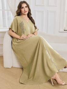 Al Najma Vestido largo de manga corta de unicolor, talla grande, estilo turco y árabe para mujeres - Caqui - Ver 1