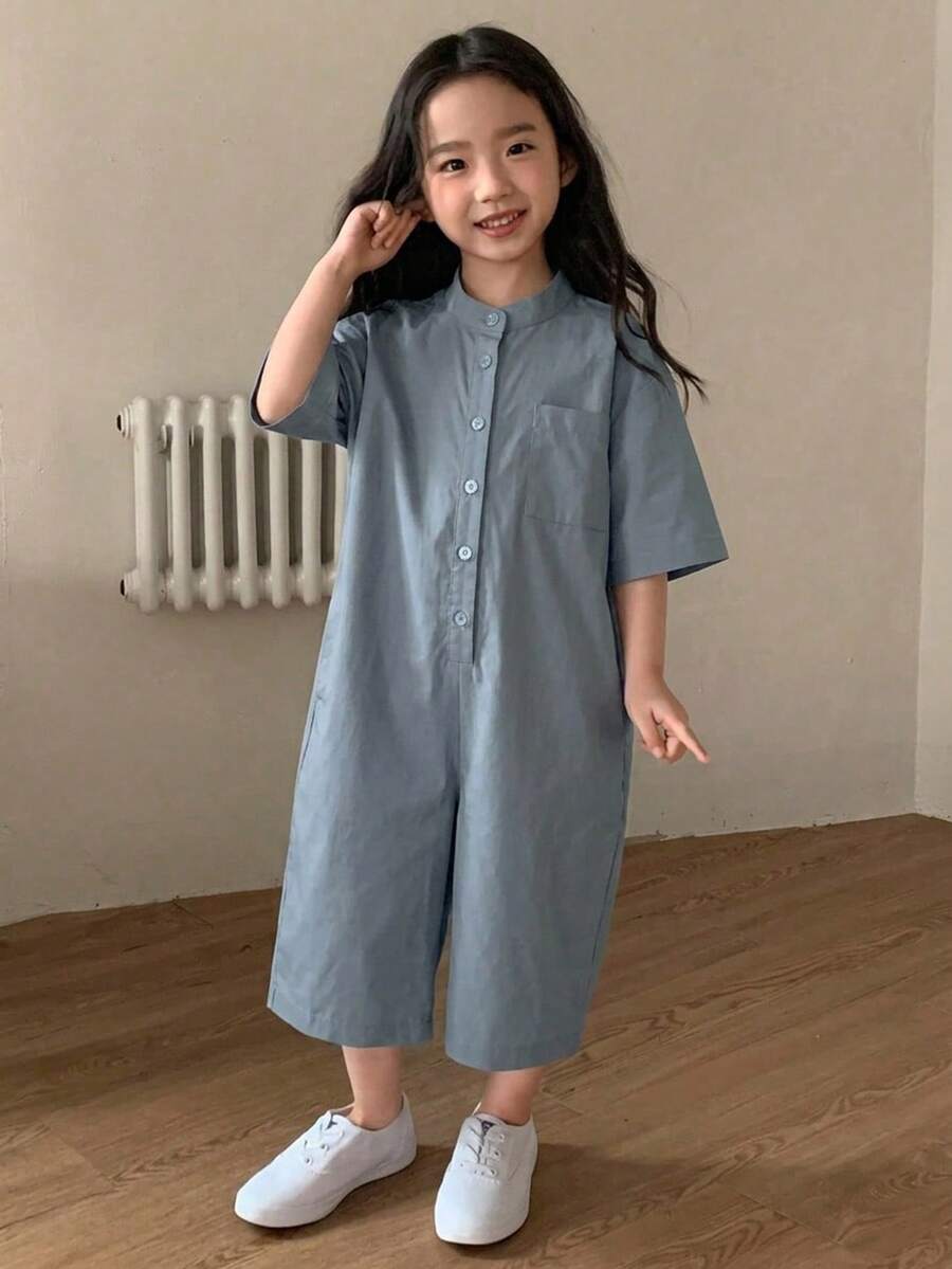 Dazy Kids 女童純色休閒短袖連身褲 夏季款 - 藍色 - 查看 1