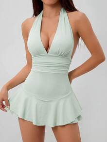 SHEIN PETITE 女款掛脖高彈性腰 A 字下擺緊身連身褲，附荷葉邊，適合嬌小女性 - 薄荷綠 - 查看 5