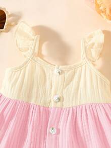 SHEIN Newborn Baby Contrast Color Ruffle Front Button Dress - Hot Pink - View 5