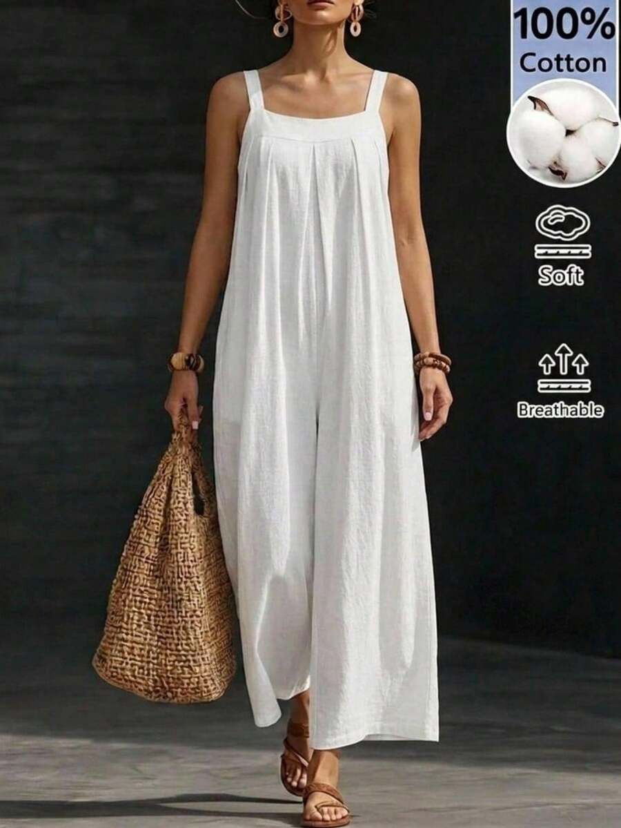 Faunlyn Bộ áo liền quần xếp ly màu trơn dành cho nữ, thích hợp cho kỳ nghỉ. - trắng - Xem 1