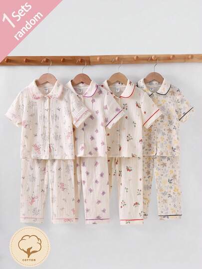 SHEIN 4pcs/Set Girls' Cotton Sleepwear Set, Featuring Classic Collar Design, Contrast Trim, And Playful Prints Like Floral, Bear, Bow, Strawberry, Rabbit, Surprise Blind Box Random Assortment