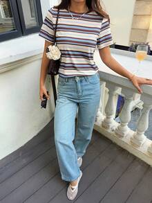 SHEIN Frenchy Áo thun nữ cổ tròn tay ngắn kẻ sọc phong cách thường ngày, mùa hè - Nhiều màu - Xem 6