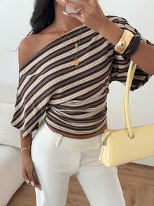 Aloruh Asymmetric Striped Loose Top With Cinched Waist, Minimalist Basic T-Shirt - Multicolor - View 2
