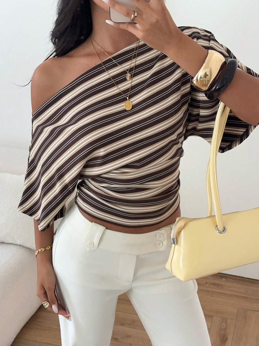 Aloruh Asymmetric Striped Loose Top With Cinched Waist, Minimalist Basic T-Shirt - Multicolor - View 1