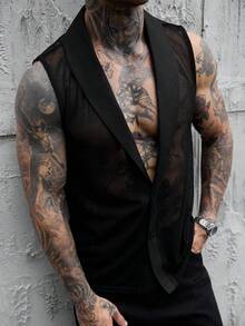 SLATEMANN Men's Solid Color Shawl Collar Casual Tank Top, Holiday - Black - View 5