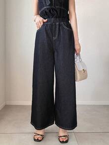 FRIFUL Setelan Atasan Denim Wanita Elegan dengan Kerah Simpul dan Hem Bergelombang serta Celana Jeans Kaki Lebar, Cocok untuk Pakaian Sehari-hari Musim Semi/Panas dan Kantor - Biru - View 3