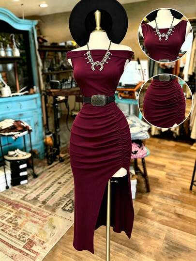 SuriyaCove Vestido de longitud media sin mangas con hombros descubiertos