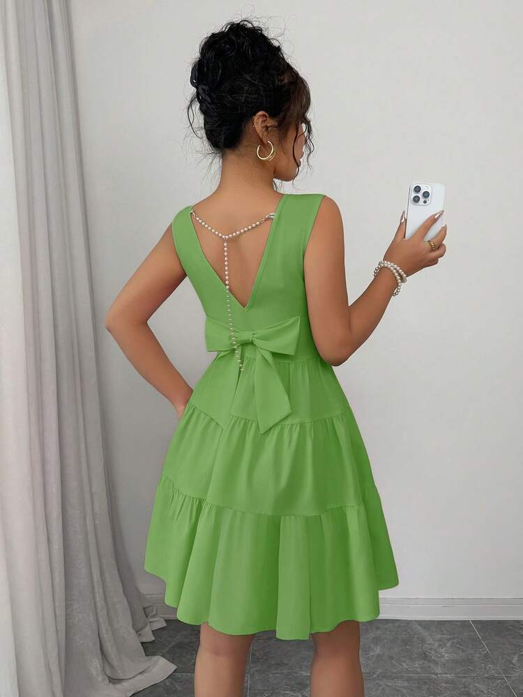 Elenzga Women's Solid Color Round Neck Backless Ruffle Hem Sleeveless Dress - Aqua Green - View 6