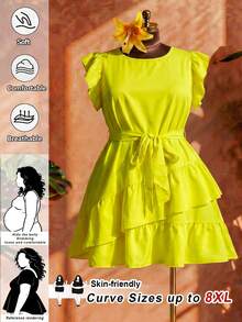 SHEIN CURVE+ Plus Size Summer Casual Elegant Cute Solid Color Ruffle Hem Dress Soft Yellow Wedding Guest Vacation Women's Clothing Birthday - Yellow - View 8
